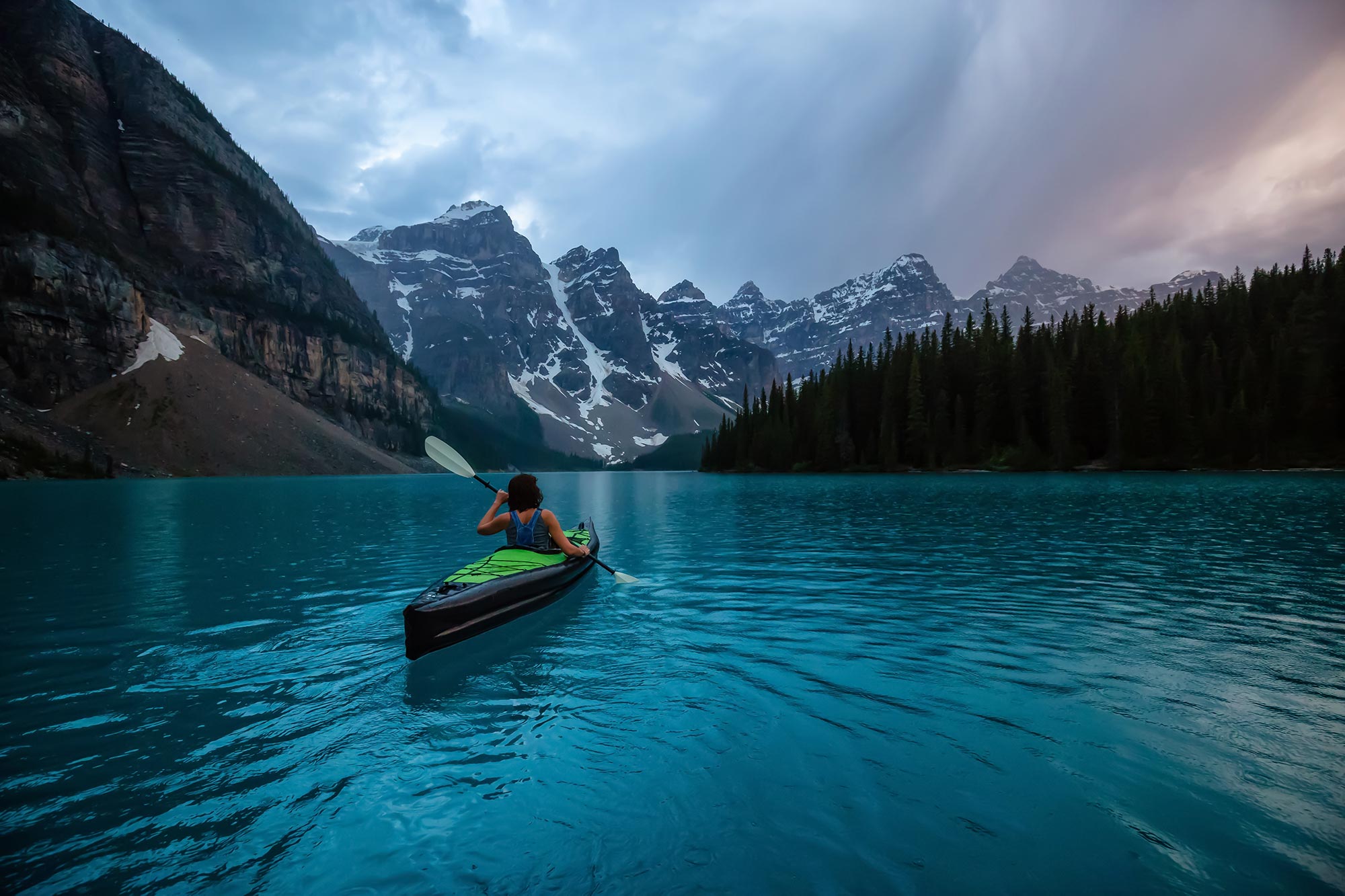 Paysage, lac, montagnes, femme, canoë